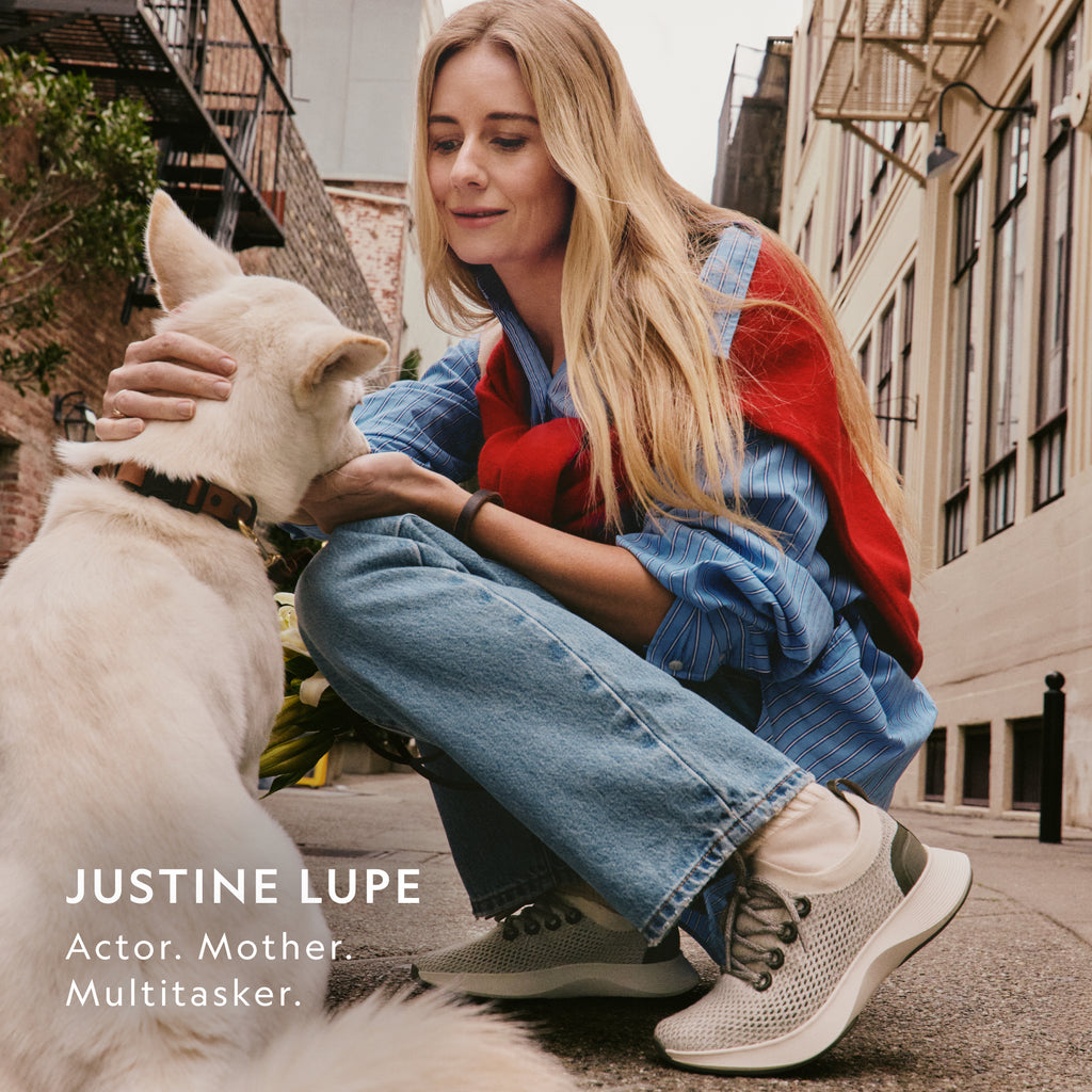 Justine Lupe, actor, mother, and multitasker wearing Allbirds Dasher NZ.